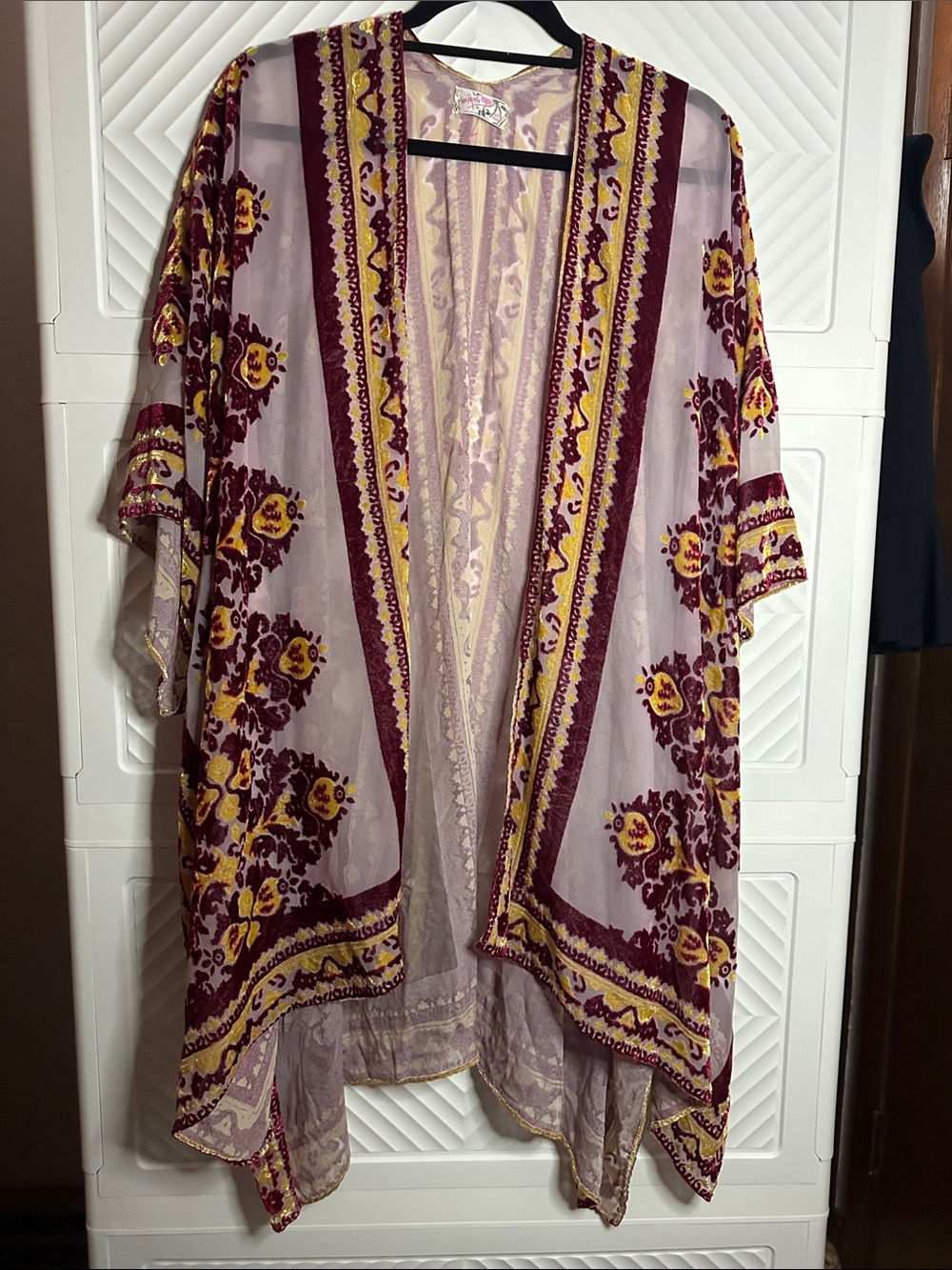 Free People Sheer Mauve Kimono with Burgundy and Yellow Floral Velvet